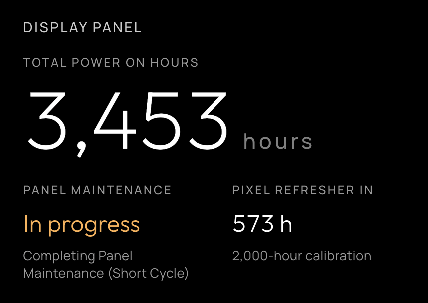 Panel life: total power-on hours, panel maintenance and Pixel Refresher countdowns