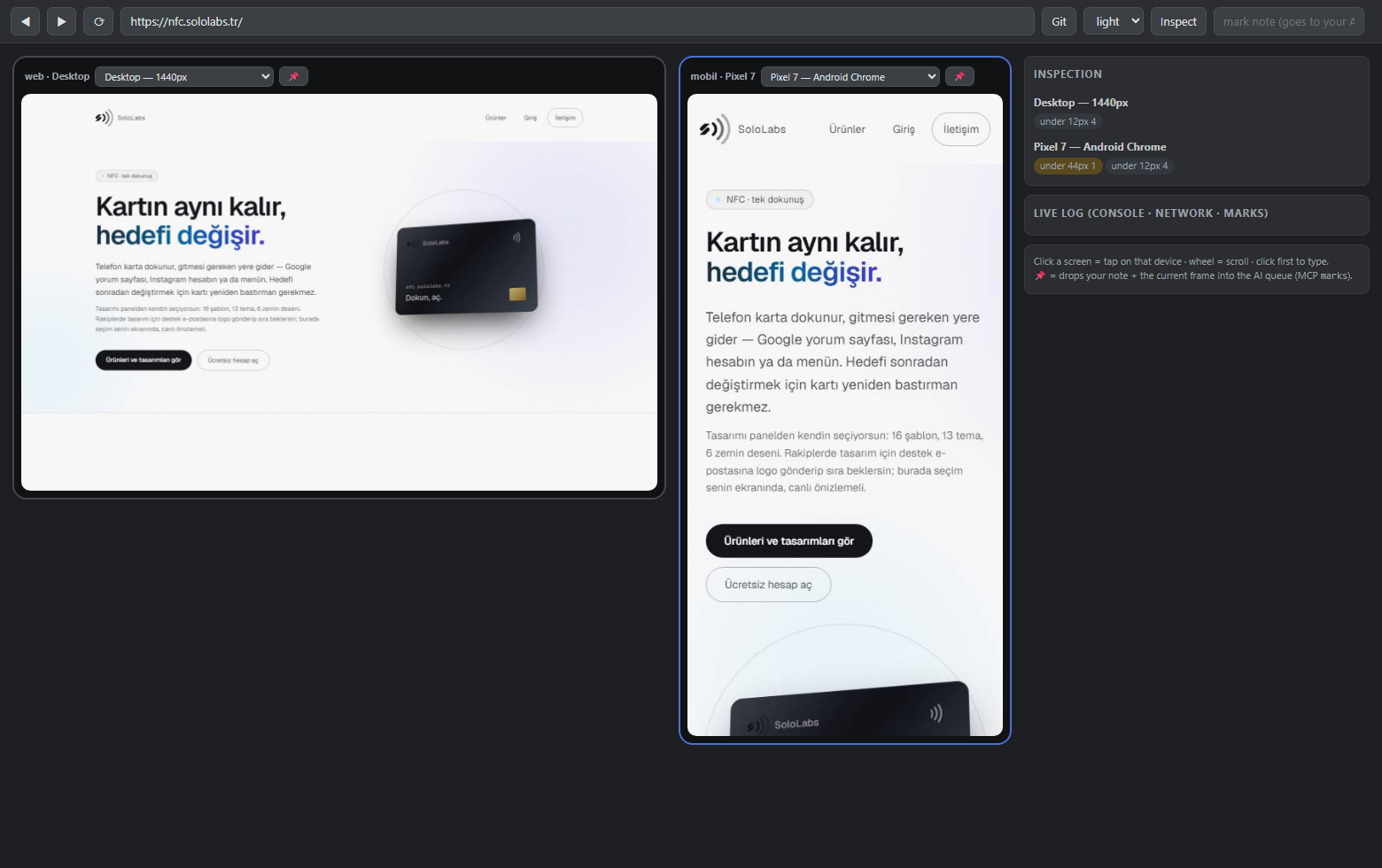 uisight live panel — desktop and mobile side by side, with per-device inspection findings