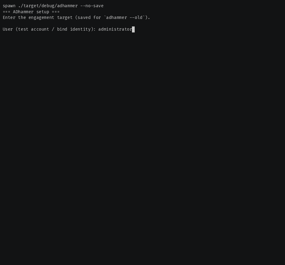 ADhammer first run: the setup wizard (user → password → domain → DC), then the full 31-action guided menu — audit, enum, and every attack in one keyboard-driven list