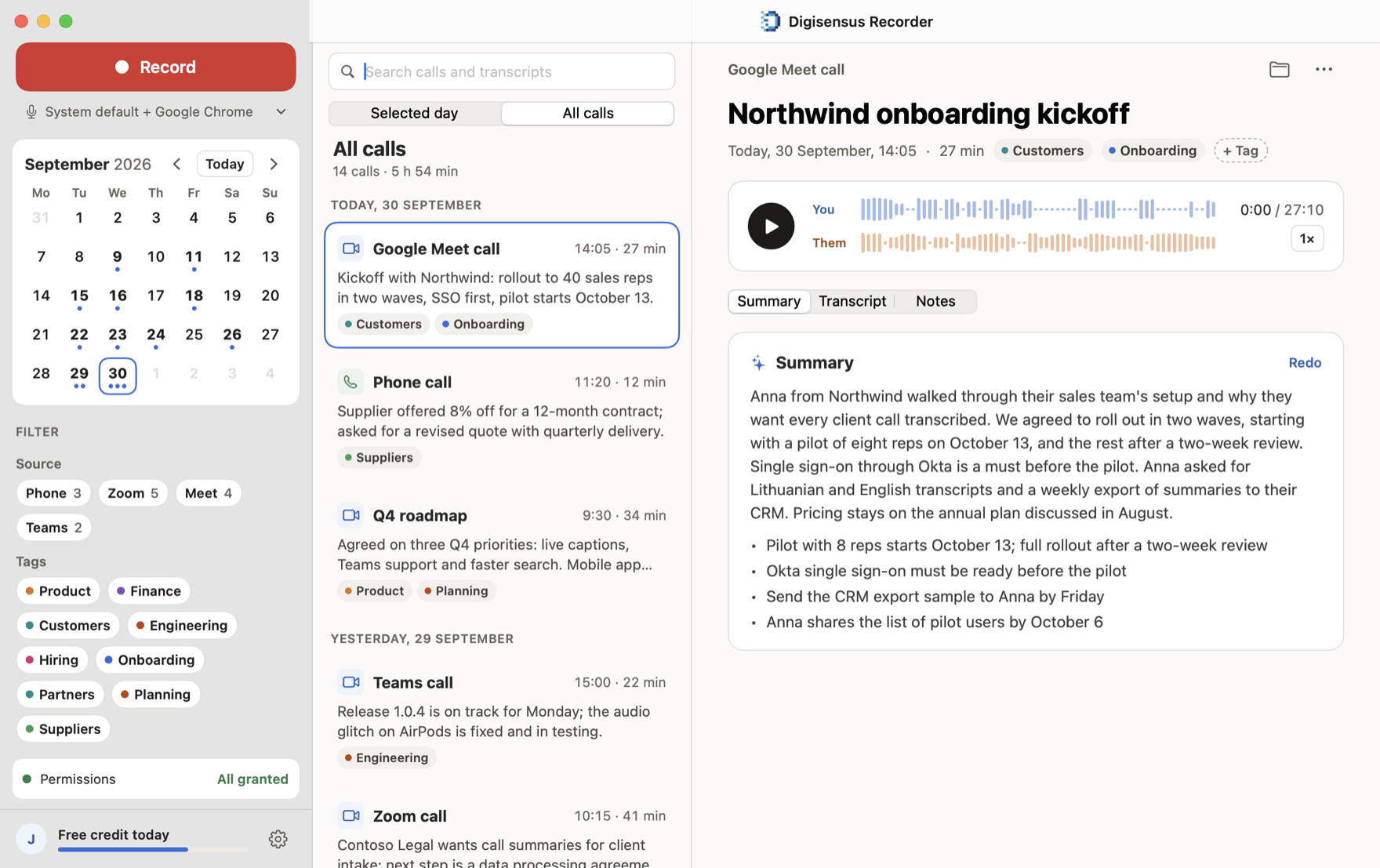 All recorded Zoom, Meet, Teams and phone calls, filtered by app and tag, with a searchable transcript archive