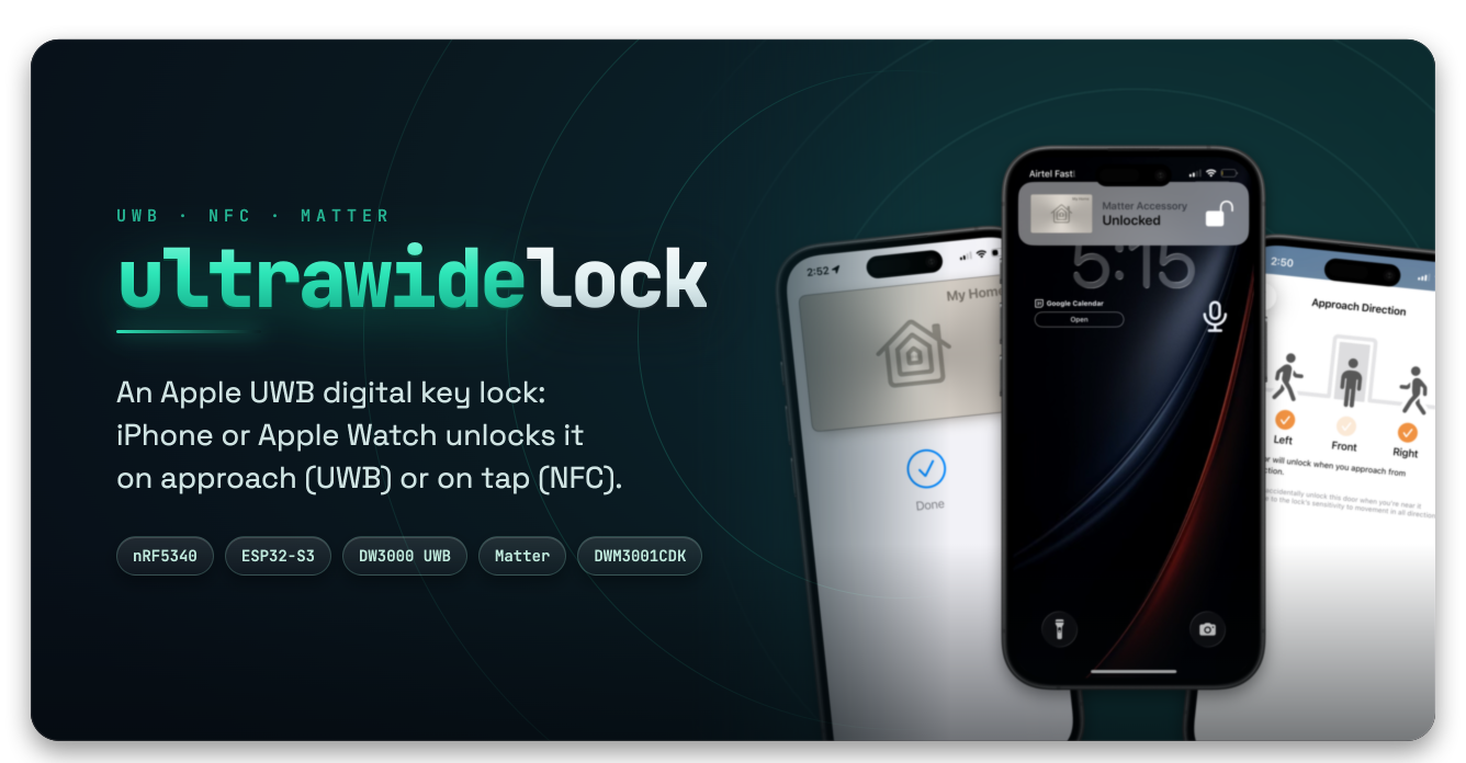 UltraWideLock: an Apple UWB digital key lock that an iPhone or Apple Watch unlocks on approach over UWB or on tap over NFC