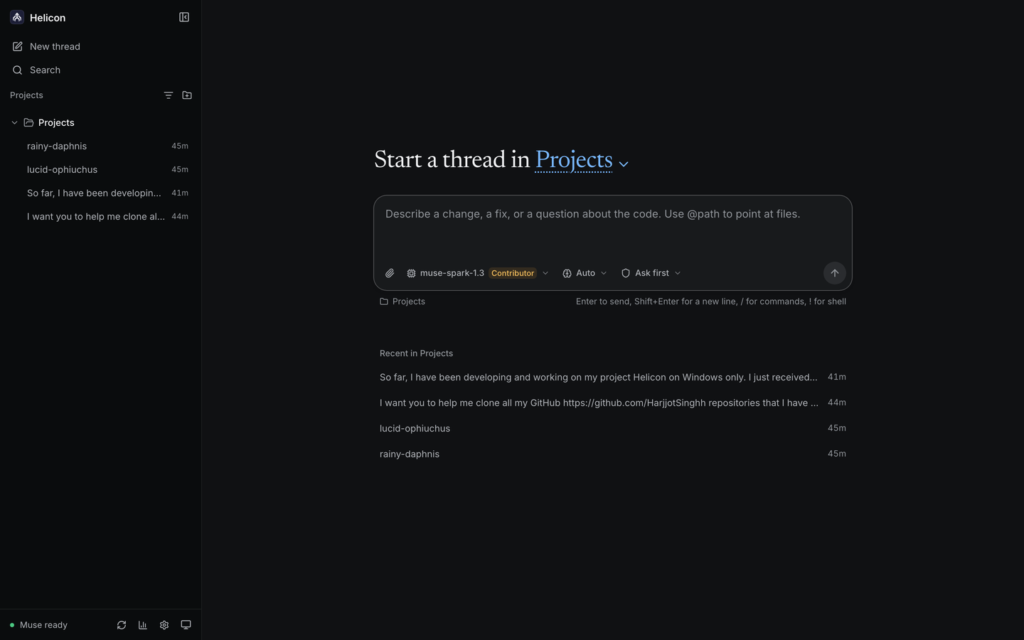 Starting a thread: recent work per project above the composer