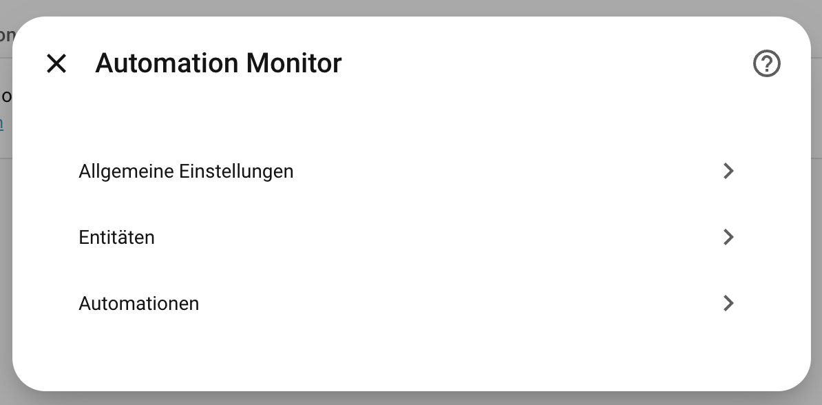 Options menu: General settings, Entities, Automations