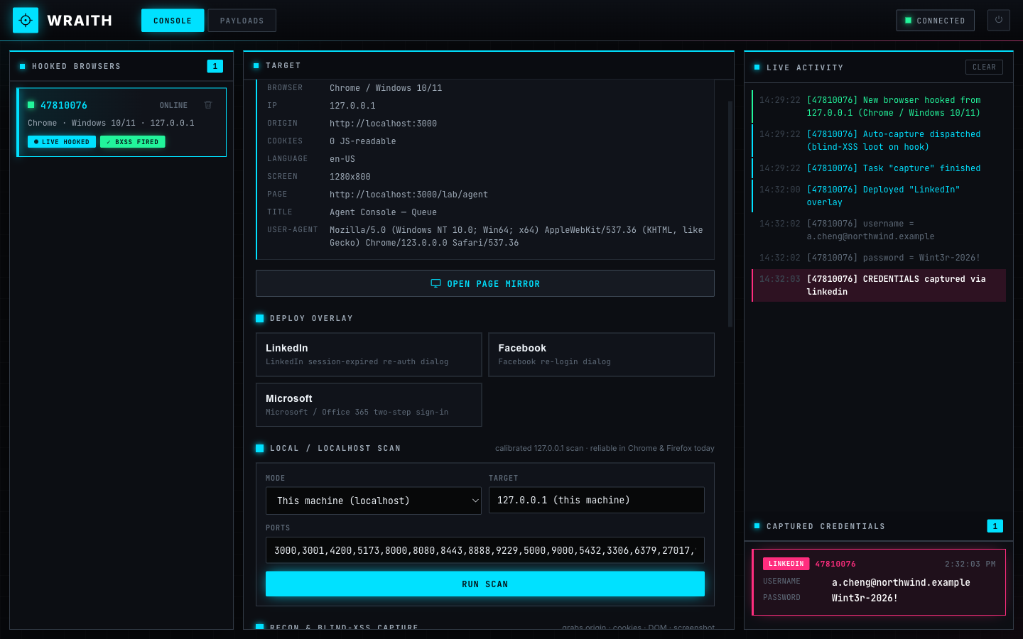 Live keystrokes and captured credential