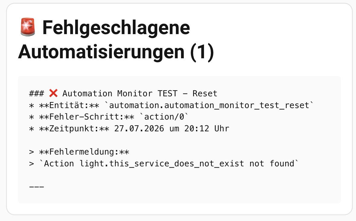 Rendered Markdown card showing one failed automation