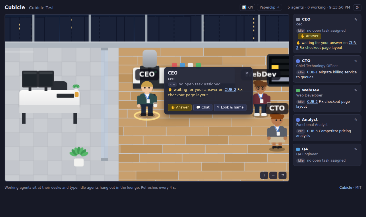 The agent panel: an agent waiting for your answer, with Answer, Chat and Look & name buttons