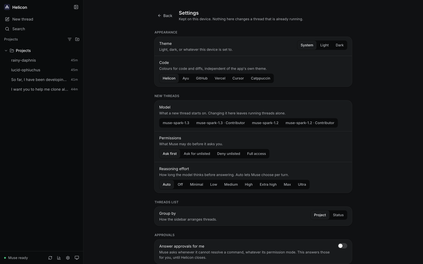 Settings: theme and code colours, what a new thread starts on, approvals, updates