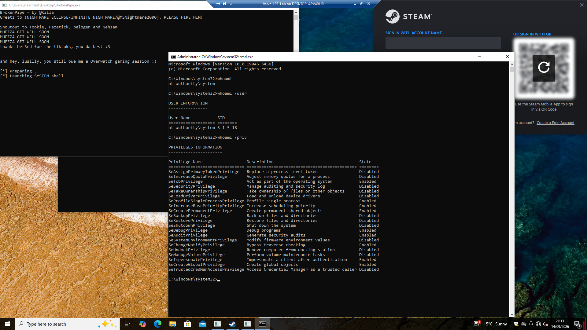 BrokenPipe launching an interactive NT AUTHORITY SYSTEM command prompt