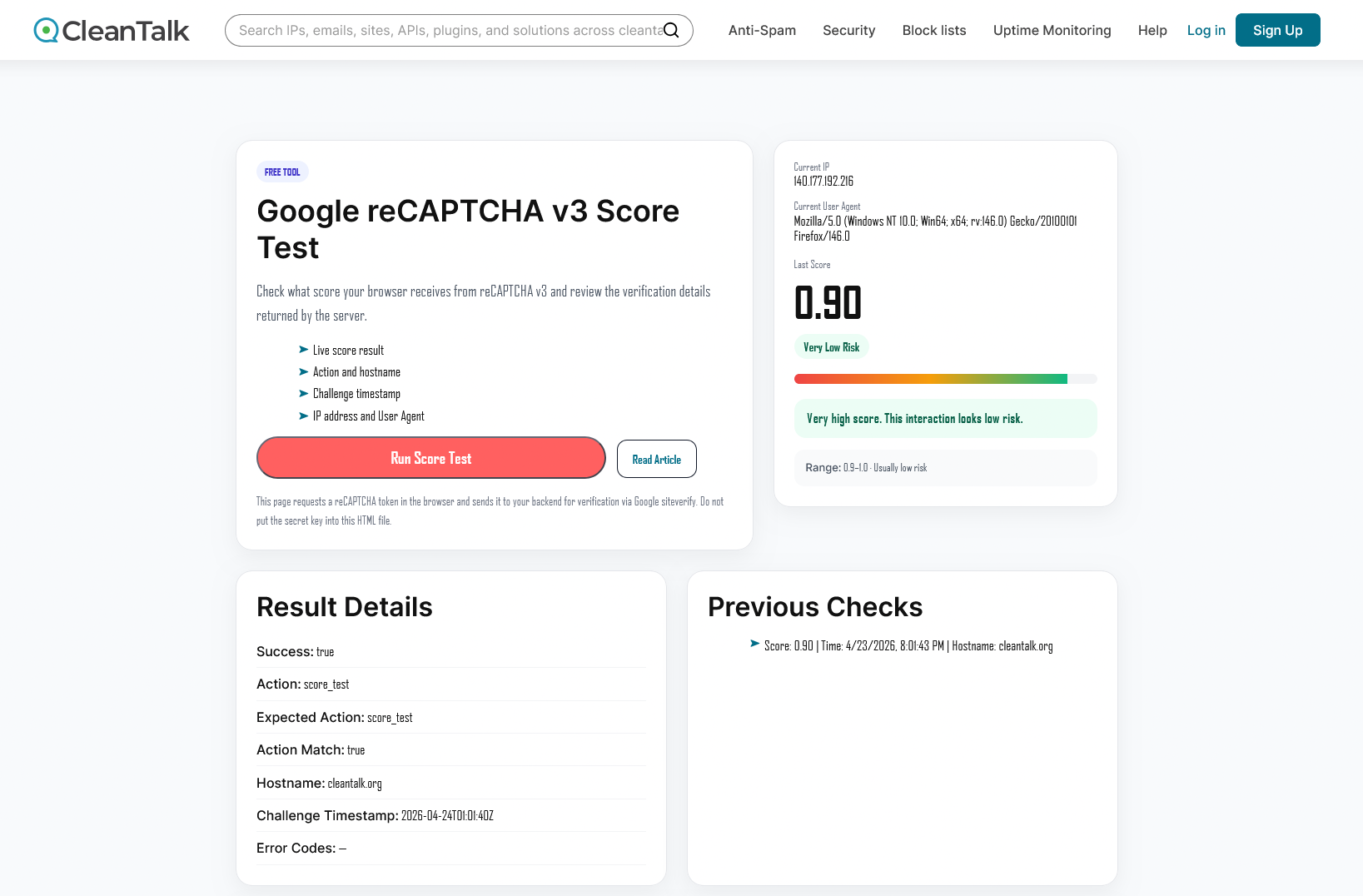 reCAPTCHA score 0.90