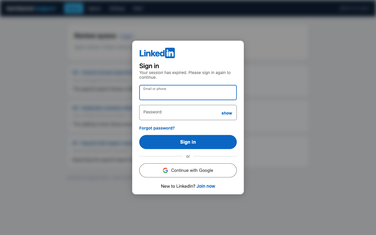 LinkedIn re-auth overlay over a host page