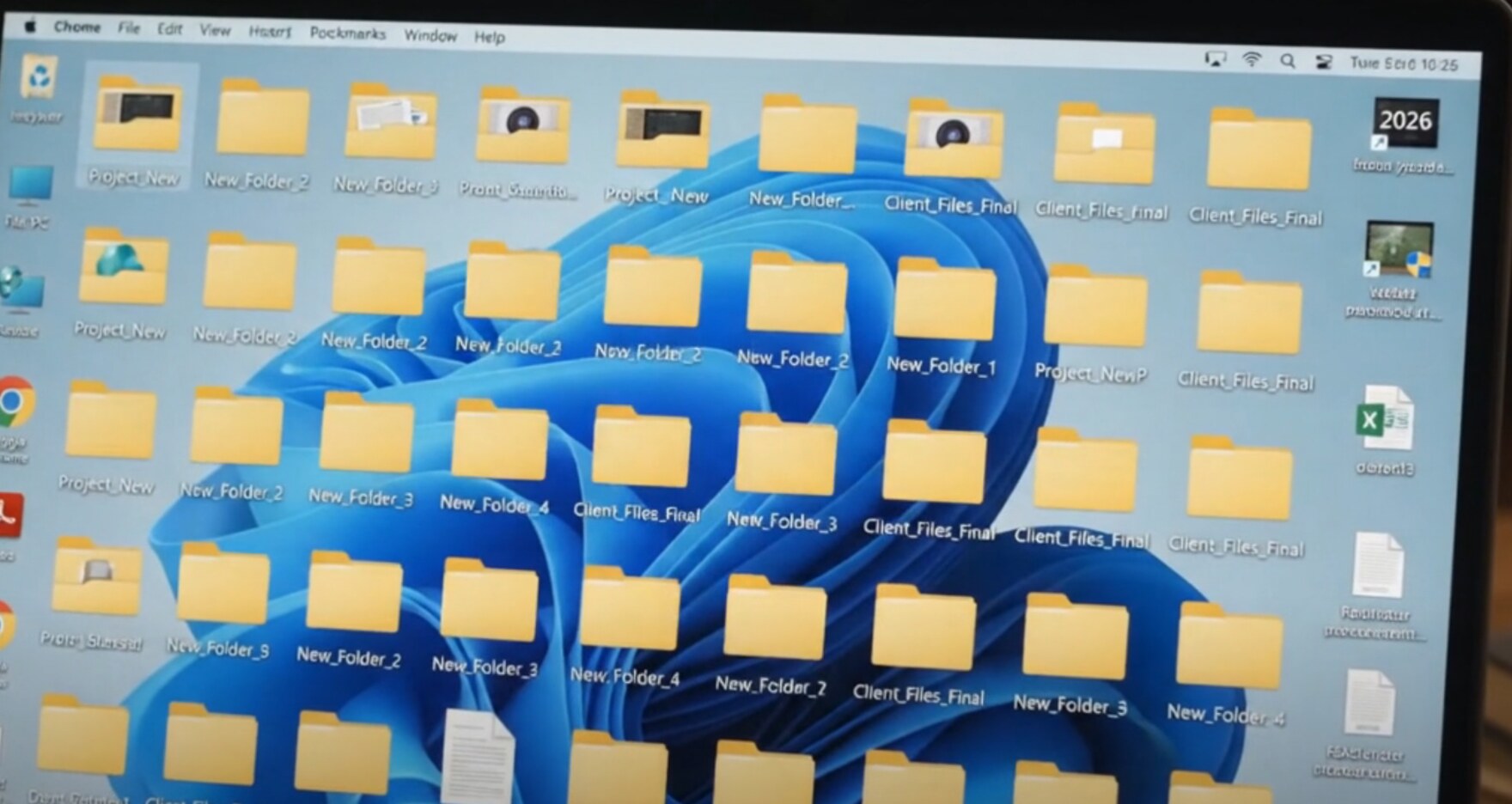 A laptop desktop covered in rows of identical yellow folders named New_Folder_2, New_Folder_3, Project_New, and Client_Files_Final.