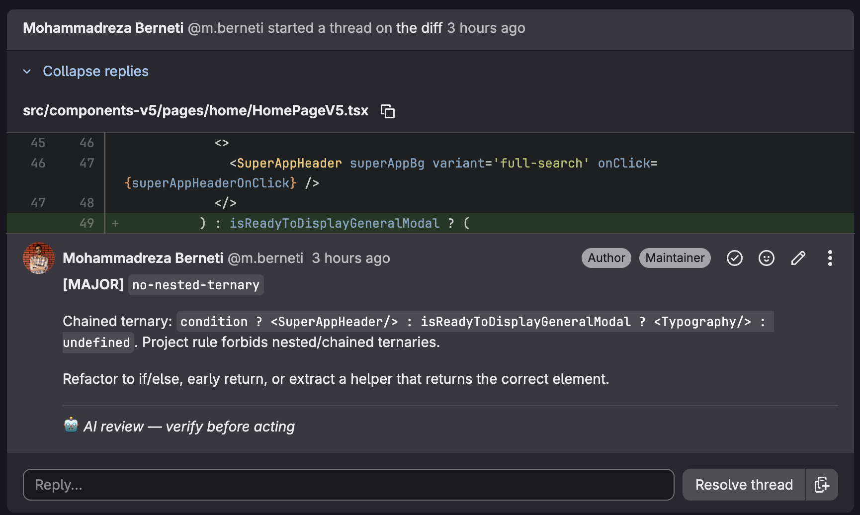 Detected issue posted as inline GitLab discussion
