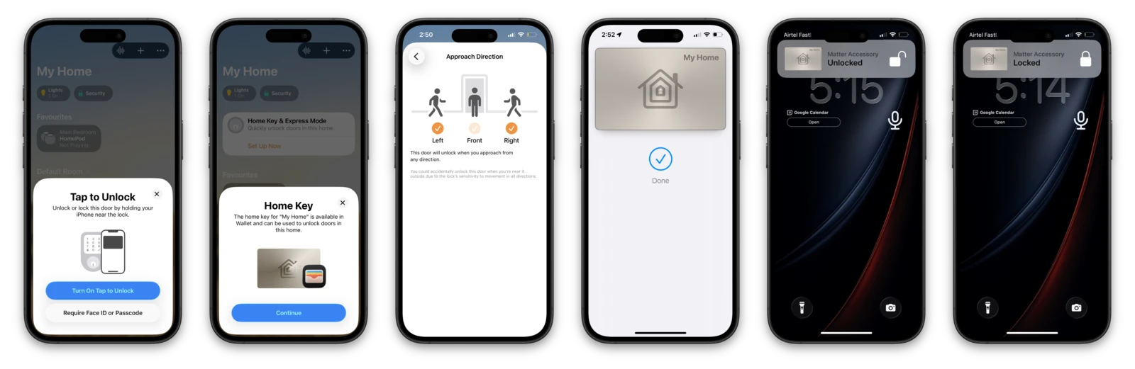 Home Key setup, Approach Direction, provisioning, NFC tap, and lock-state notifications on live hardware