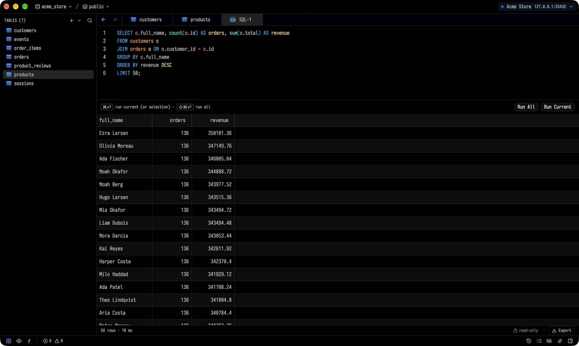 SQL editor with results