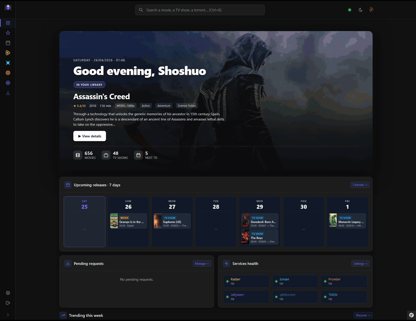 Prismarr: A self-hosted media dashboard unifying Radarr, Sonarr, Prowlarr, Jelly