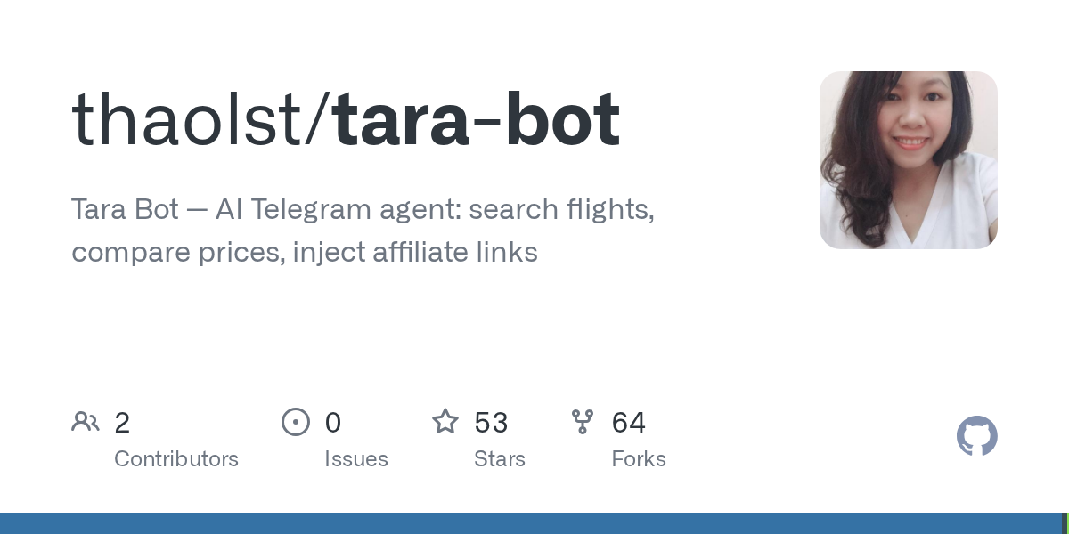 thaolst/tara-bot: **AI agent cá nhân trên Telegram — săn vé máy bay, so sánh giá, cào deal.**