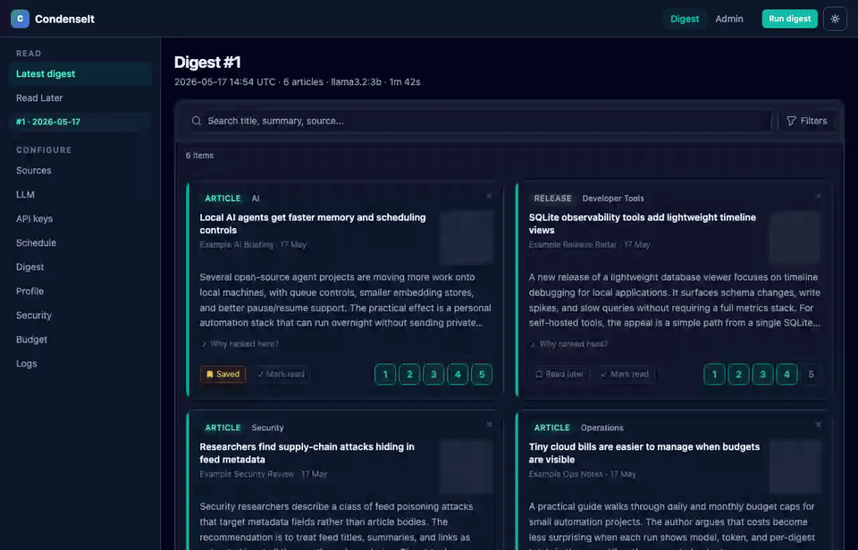 wildlifechorus/condenseit: self-hosted AI news digest. Collect RSS feeds, YouTube channels, web