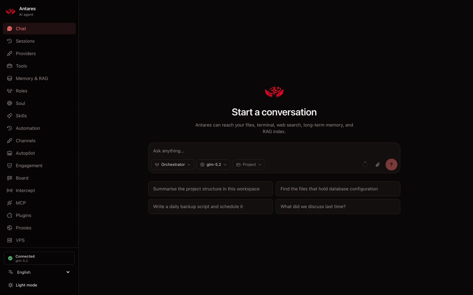 enowdev/antares: reads and writes files, runs shell commands, drives a real browser, searches the web