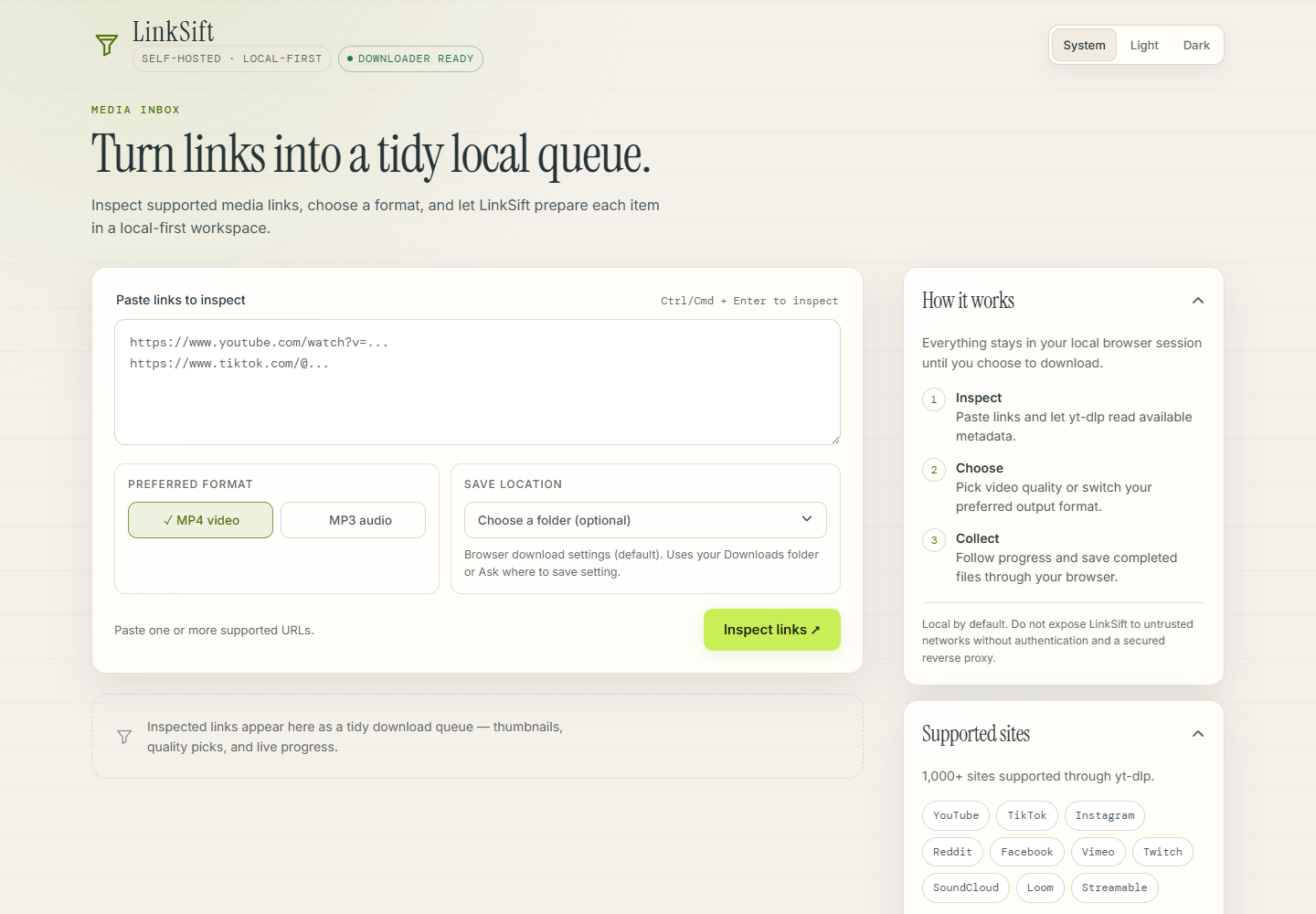 loveisbl1nd/linksift: local-first media downloader powered by yt-dlp and ffmpeg