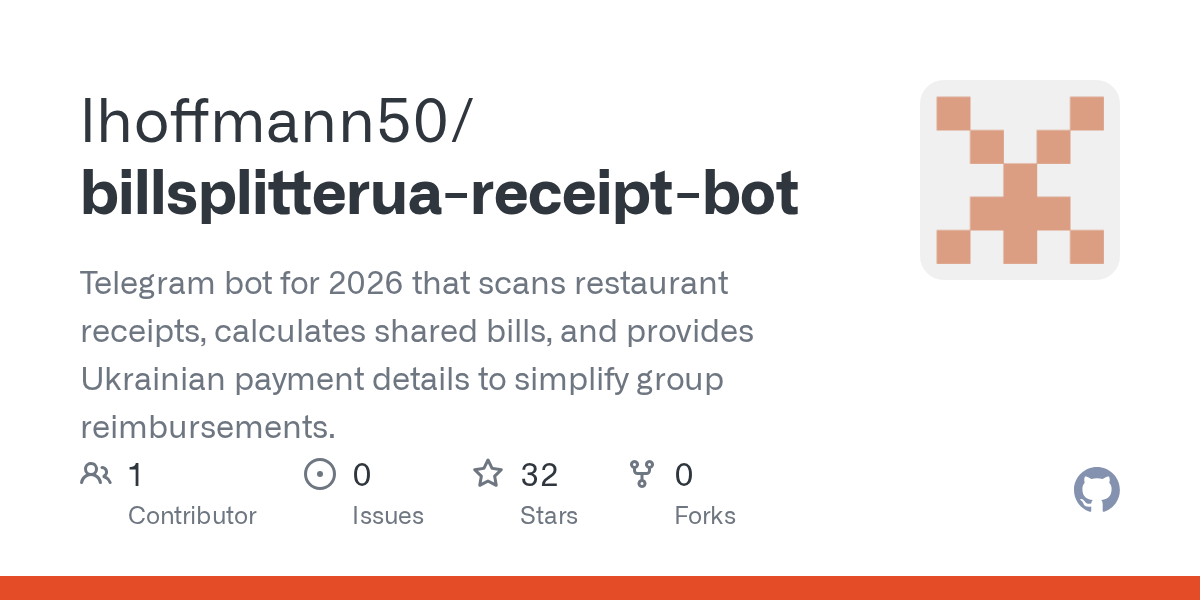 lhoffmann50/billsplitterua-receipt-bot: billSplitterUA v1 - Telegram bot 2026