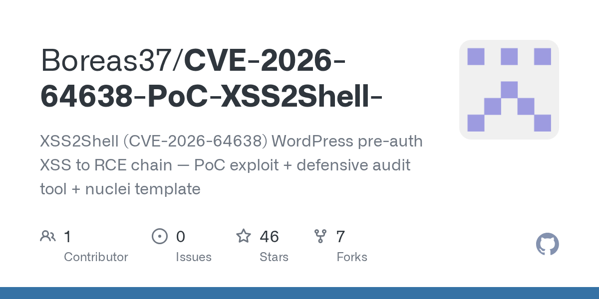Boreas37/CVE-2026-64638-PoC-XSS2Shell-: xSS2Shell — WordPress Pre-Auth XSS → RCE Chain PoC