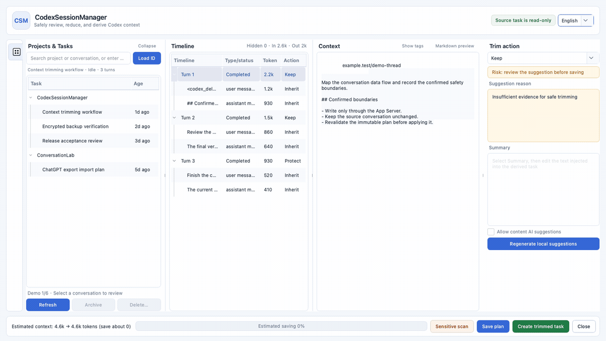 Aiyawoc/CodexSessionManager: long-running Codex work spreads conversations across projects and lets context