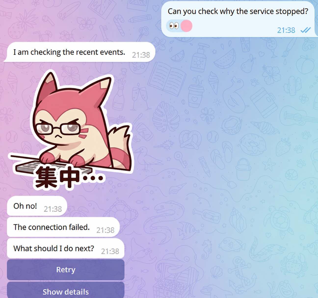 beniedev/telemood: a model can combine text bubbles, emoji reactions, regular stickers