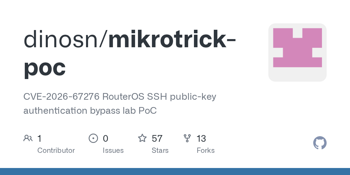 dinosn/mikrotrick-poc: mikroTrick lab PoC — CVE-2026-67276 (RouterOS SSH public-key auth bypass)