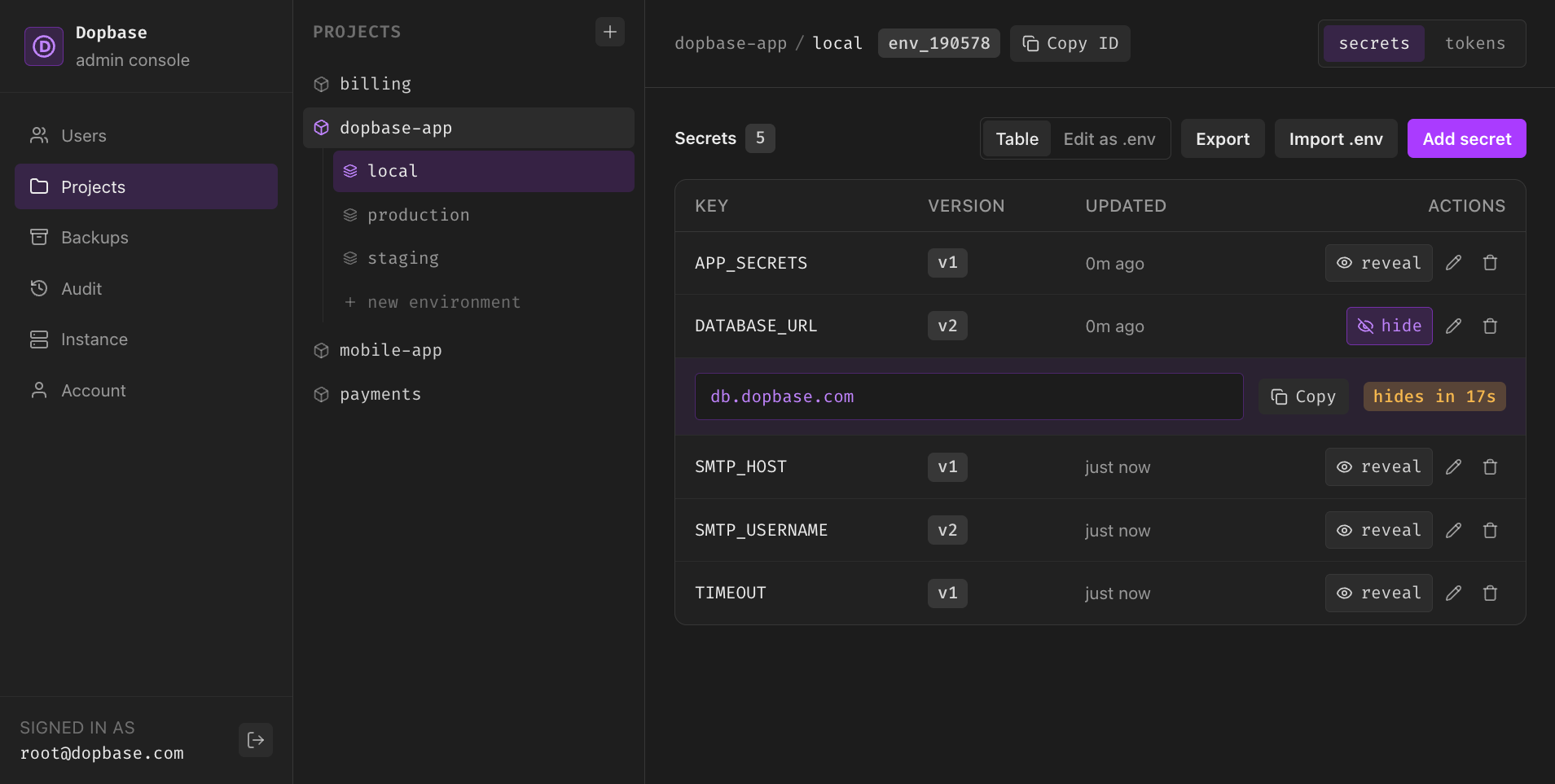 dopbase/dopbase: keeps application secrets organized by project and environment on infrastructure you